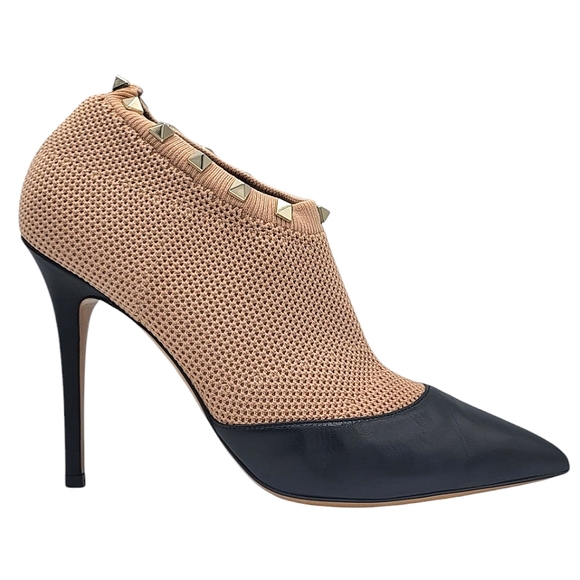 Valentino Rockstud Leather Knit Sock Booties Studded Pumps Black Nude 38.5 - Picture 2 of 14